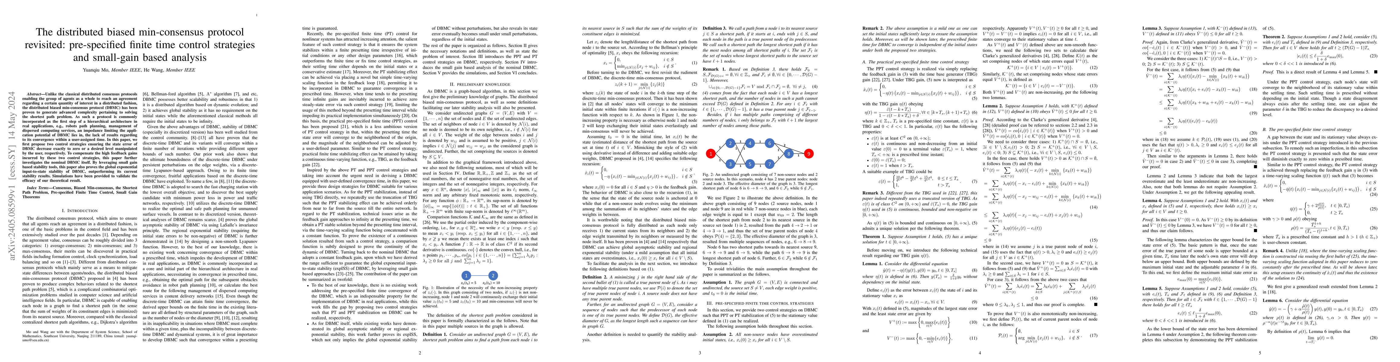 Thumbnail for The distributed biased min-consensus protocol revisited: pre-specified
  finite time control strategies and small-gain based analysis