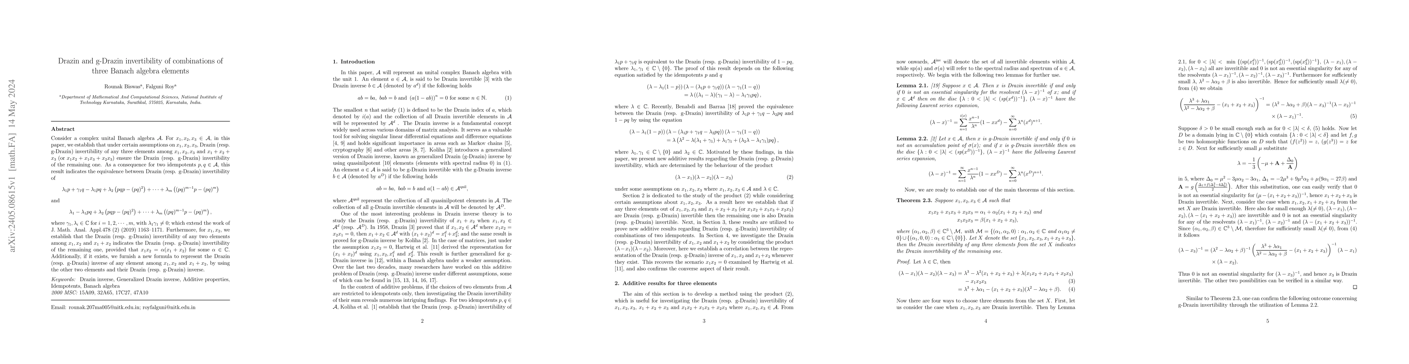 Thumbnail for Drazin and g-Drazin invertibility of combinations of three Banach
  algebra elements