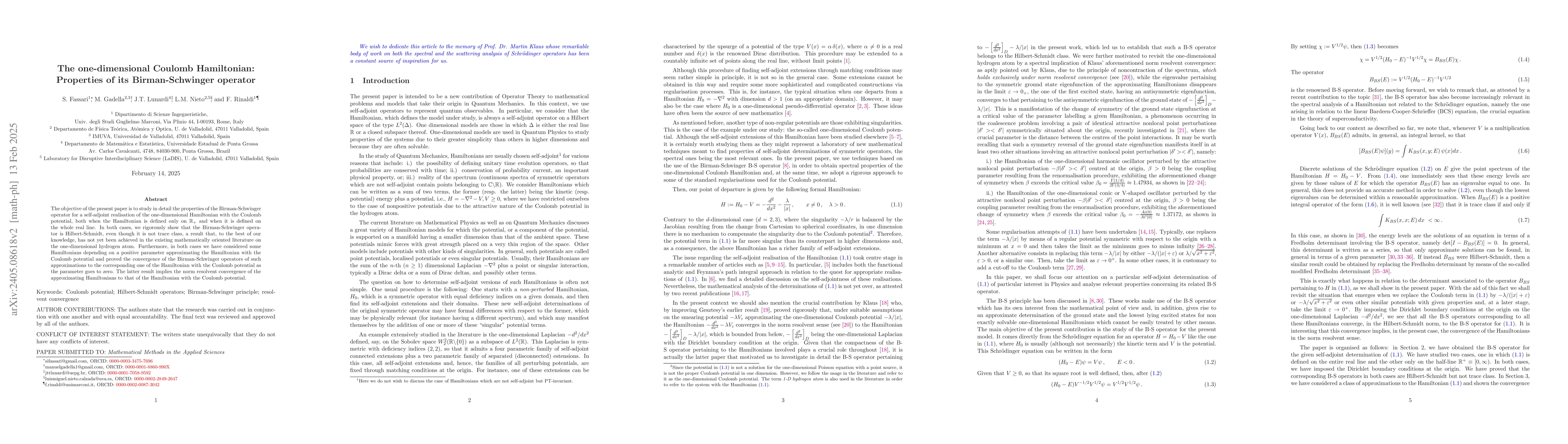 Thumbnail for The one-dimensional Coulomb Hamiltonian: Properties of its
  Birman-Schwinger operator