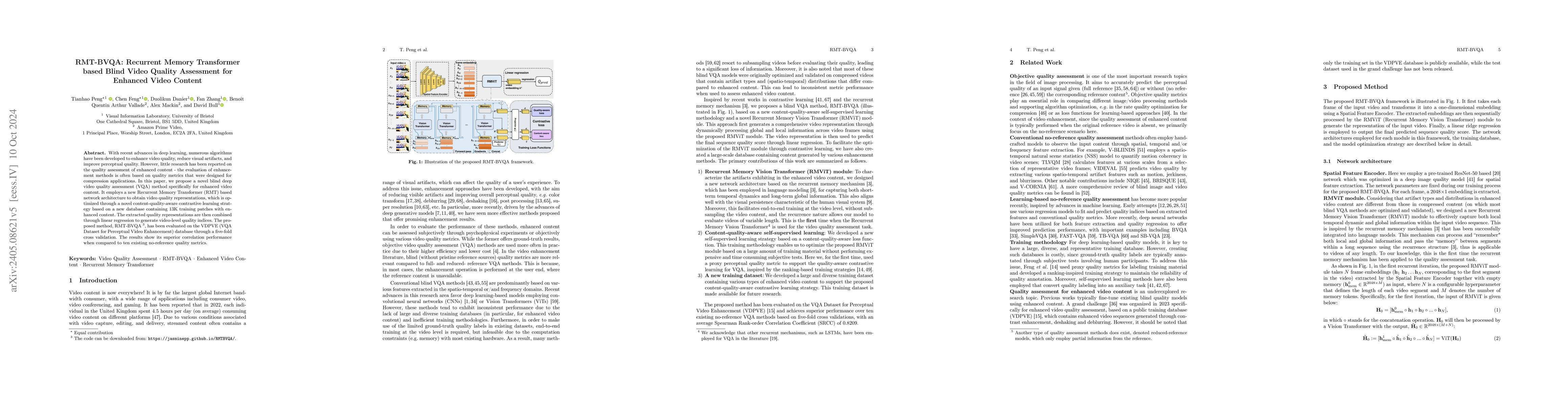 Thumbnail for RMT-BVQA: Recurrent Memory Transformer-based Blind Video Quality
  Assessment for Enhanced Video Content