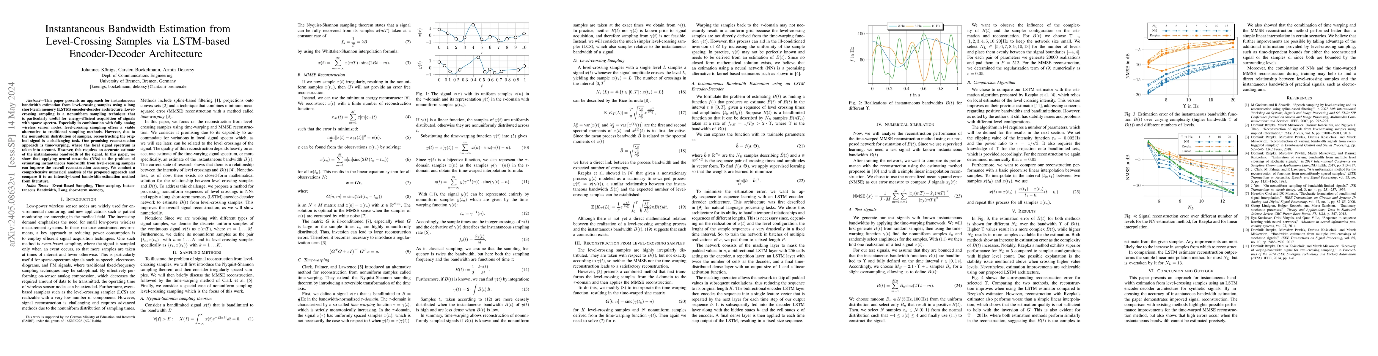 Thumbnail for Instantaneous Bandwidth Estimation from Level-Crossing Samples via
  LSTM-based Encoder-Decoder Architecture
