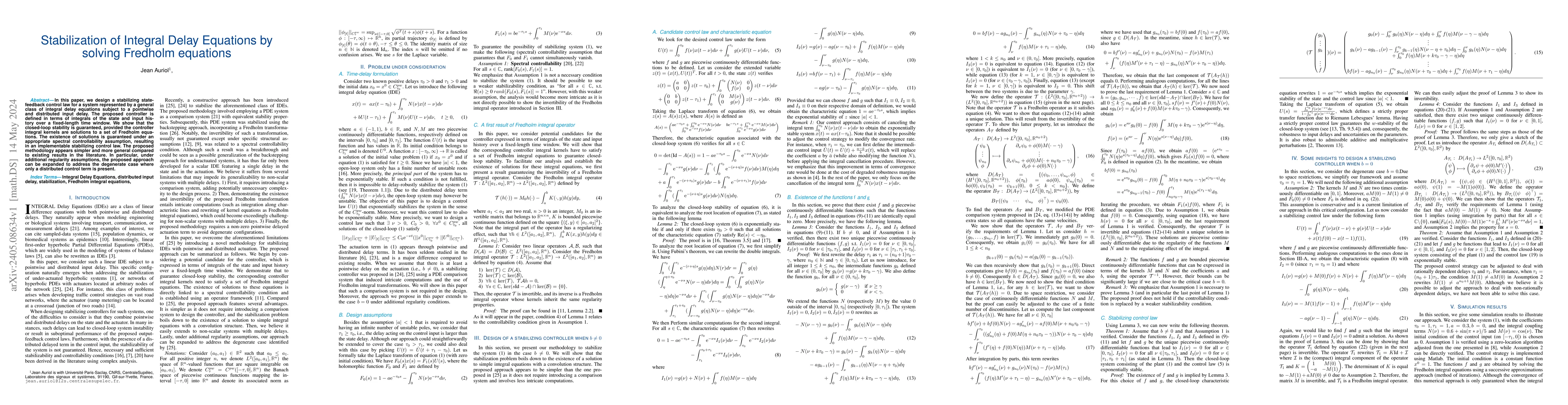 Thumbnail for Stabilization of Integral Delay Equations by solving Fredholm equations