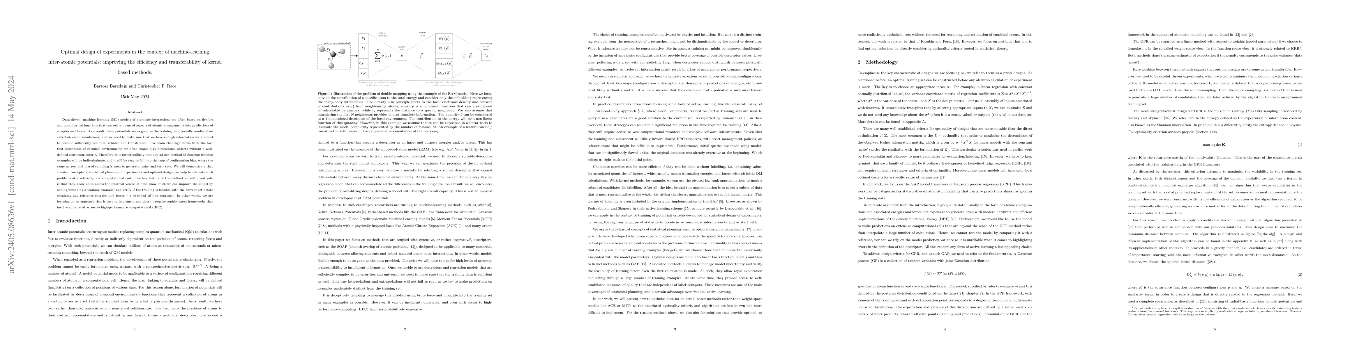 Thumbnail for Optimal design of experiments in the context of machine-learning
  inter-atomic potentials: improving the efficiency and transferability of
  kernel based methods