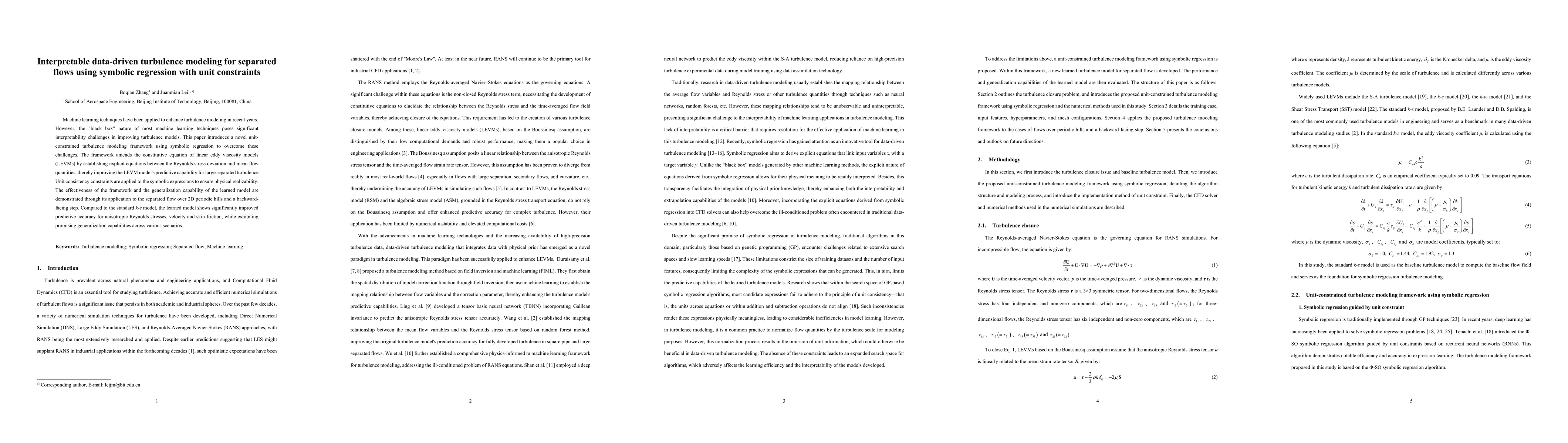 Thumbnail for Interpretable data-driven turbulence modeling for separated flows using
  symbolic regression with unit constraints