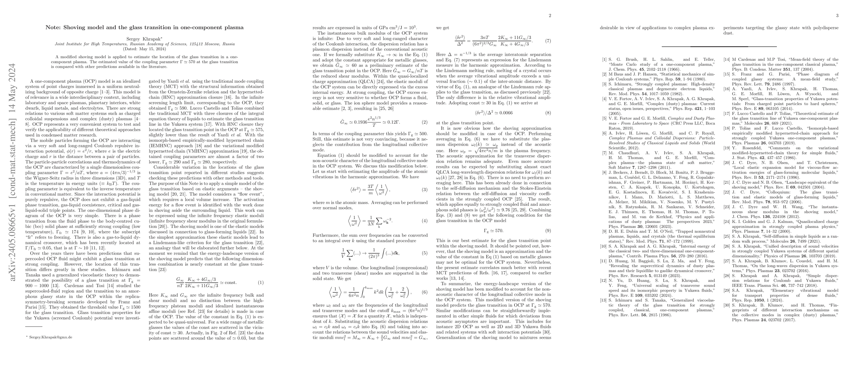 Thumbnail for Note: Shoving model and the glass transition in one-component plasma