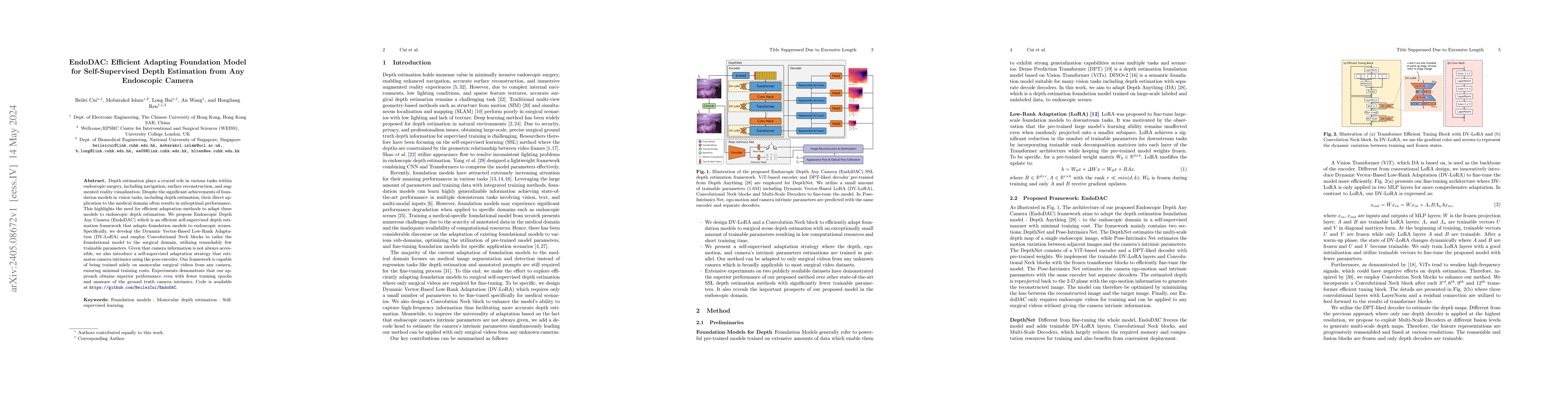 Thumbnail for EndoDAC: Efficient Adapting Foundation Model for Self-Supervised Depth
  Estimation from Any Endoscopic Camera