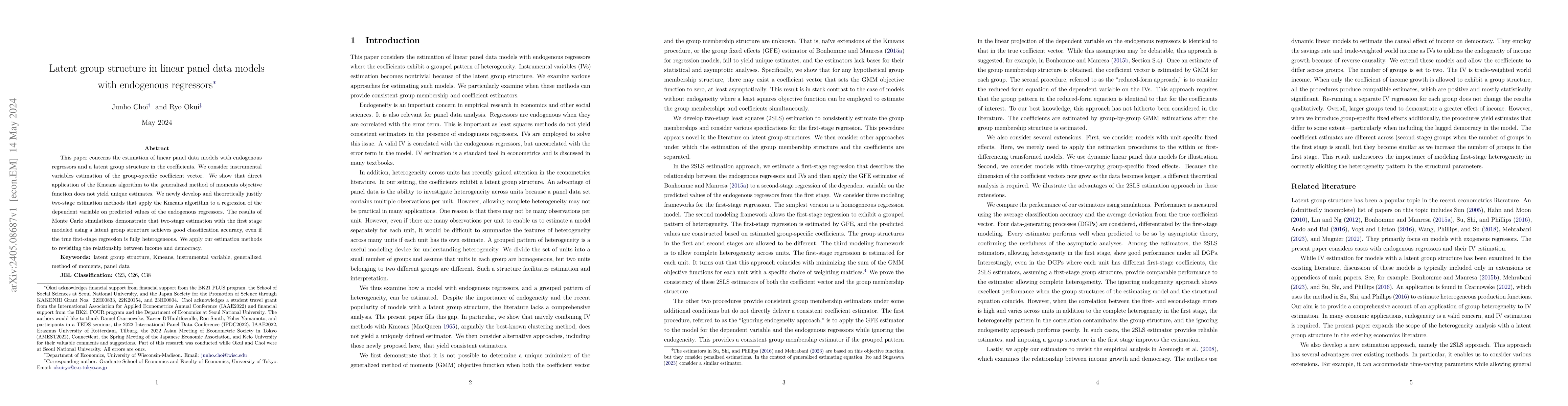 Thumbnail for Latent group structure in linear panel data models with endogenous
  regressors