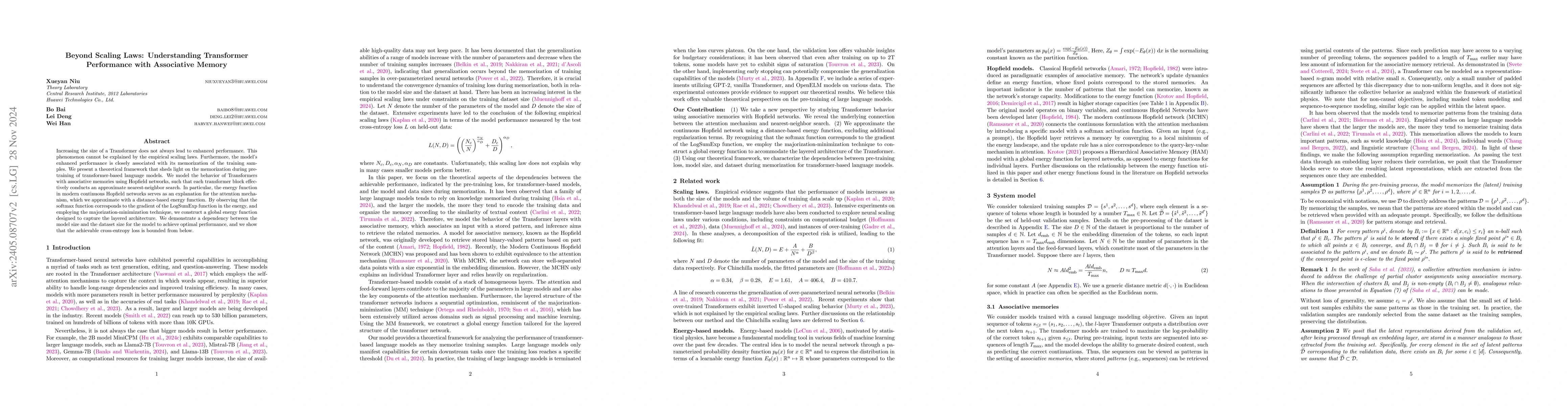 Thumbnail for Beyond Scaling Laws: Understanding Transformer Performance with
  Associative Memory