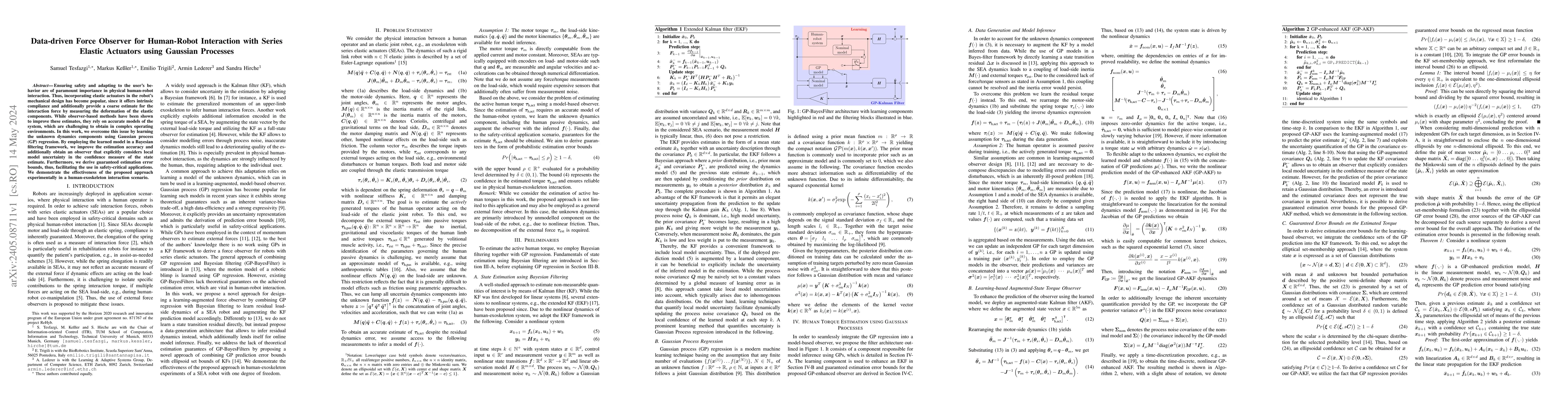 Thumbnail for Data-driven Force Observer for Human-Robot Interaction with Series
  Elastic Actuators using Gaussian Processes