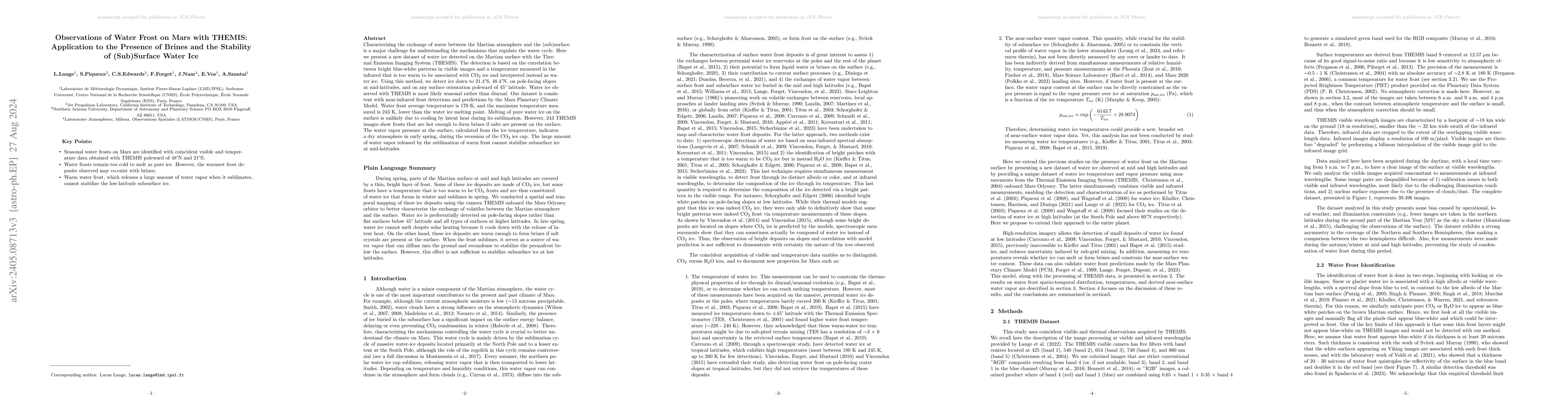 Thumbnail for Observations of Water Frost on Mars with THEMIS: Application to the
  Presence of Brines and the Stability of (Sub)Surface Water Ice