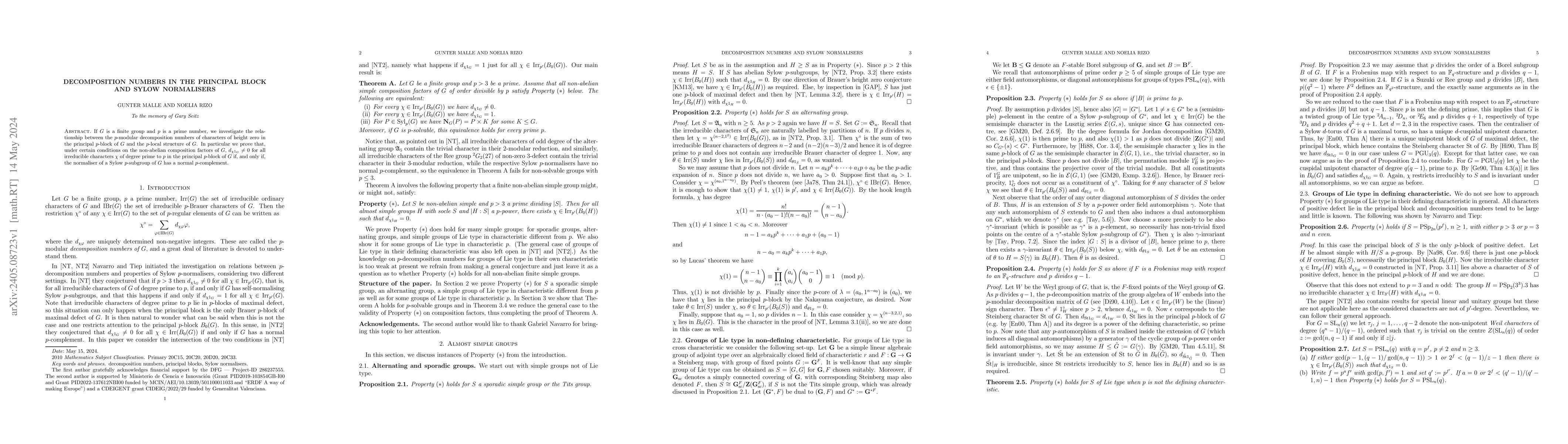 Thumbnail for Decomposition numbers in the principal block and Sylow normalisers