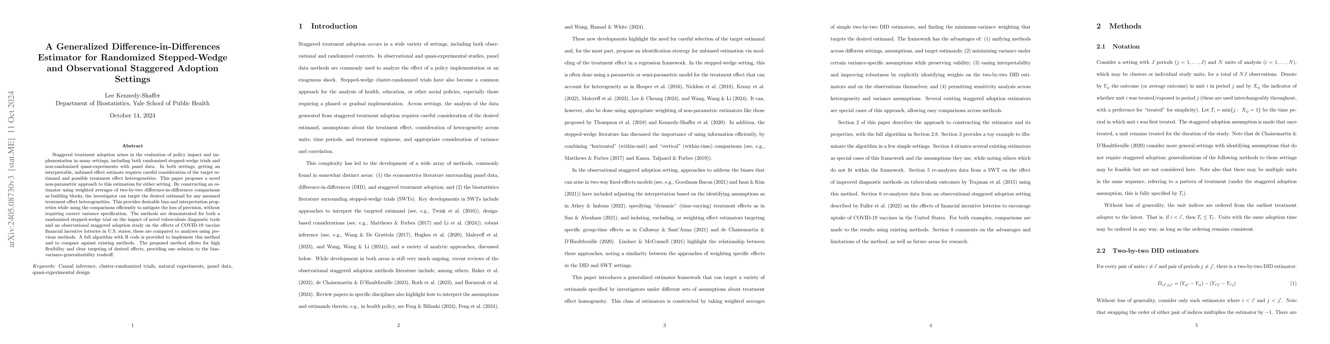 Thumbnail for A Generalized Difference-in-Differences Estimator for Unbiased
  Estimation of Desired Estimands from Staggered Adoption and Stepped-Wedge
  Settings