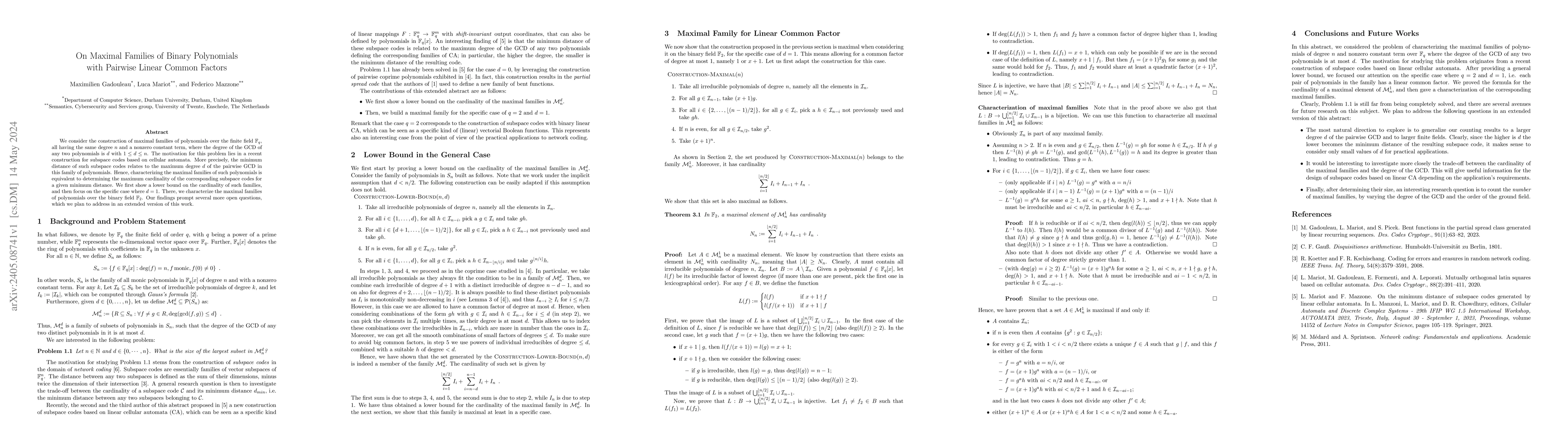Thumbnail for On Maximal Families of Binary Polynomials with Pairwise Linear Common
  Factors