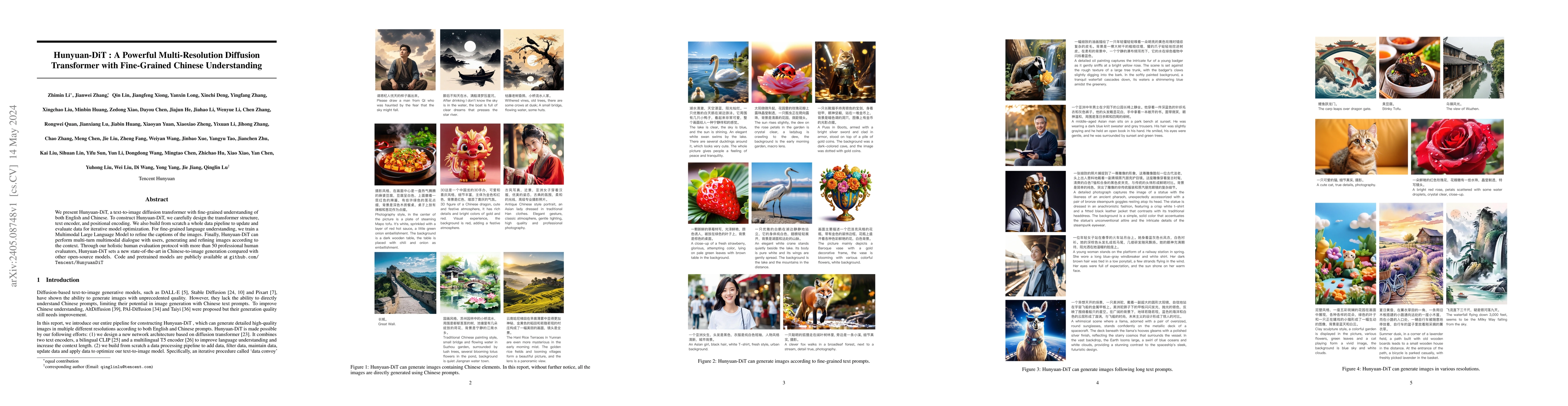 Thumbnail for Hunyuan-DiT: A Powerful Multi-Resolution Diffusion Transformer with
  Fine-Grained Chinese Understanding