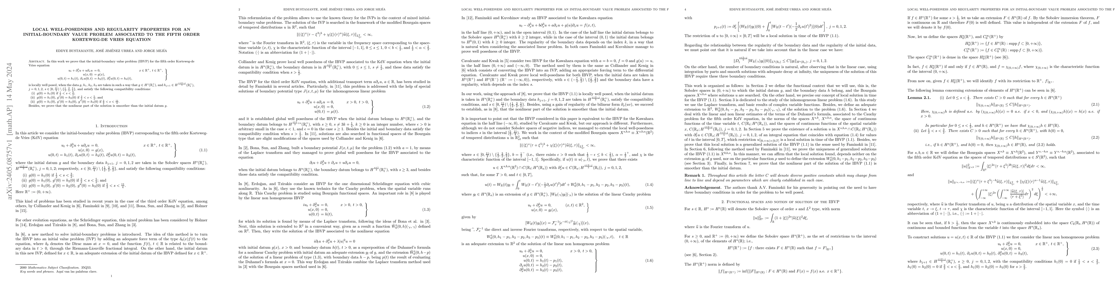 Thumbnail for Local well-posedness and regularity properties for an initial-boundary
  value problem associated to the fifth order Korteweg-de Vries equation