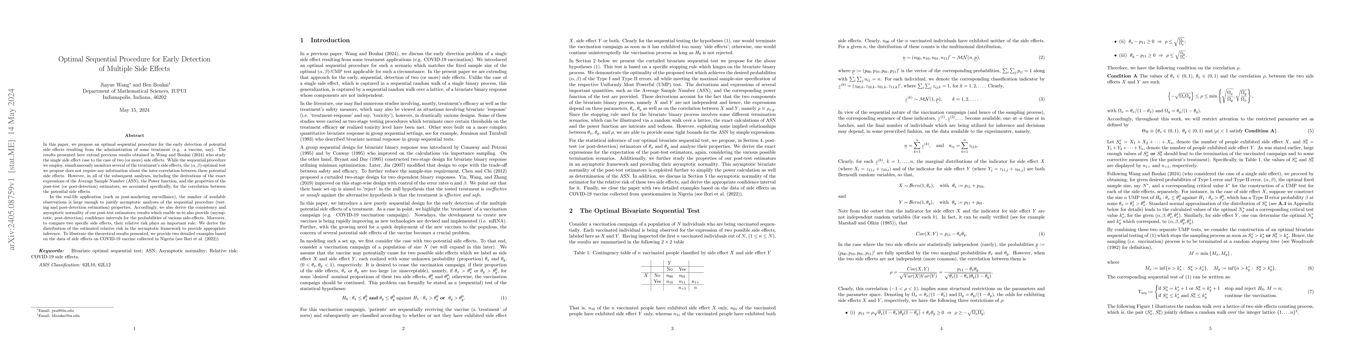 Thumbnail for Optimal Sequential Procedure for Early Detection of Multiple Side
  Effects