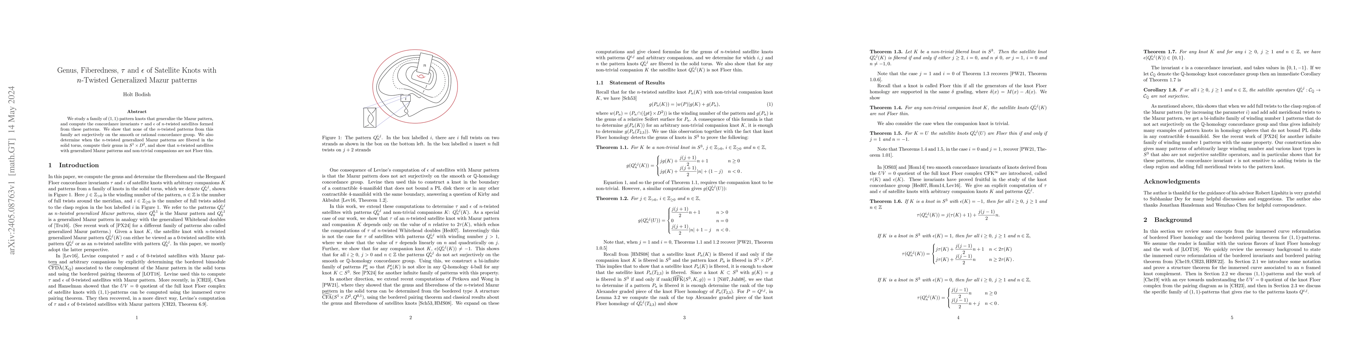 Thumbnail for Genus, Fiberedness, $\tau$ and $\epsilon$ of Satellite Knots with
  $n$-Twisted Generalized Mazur patterns
