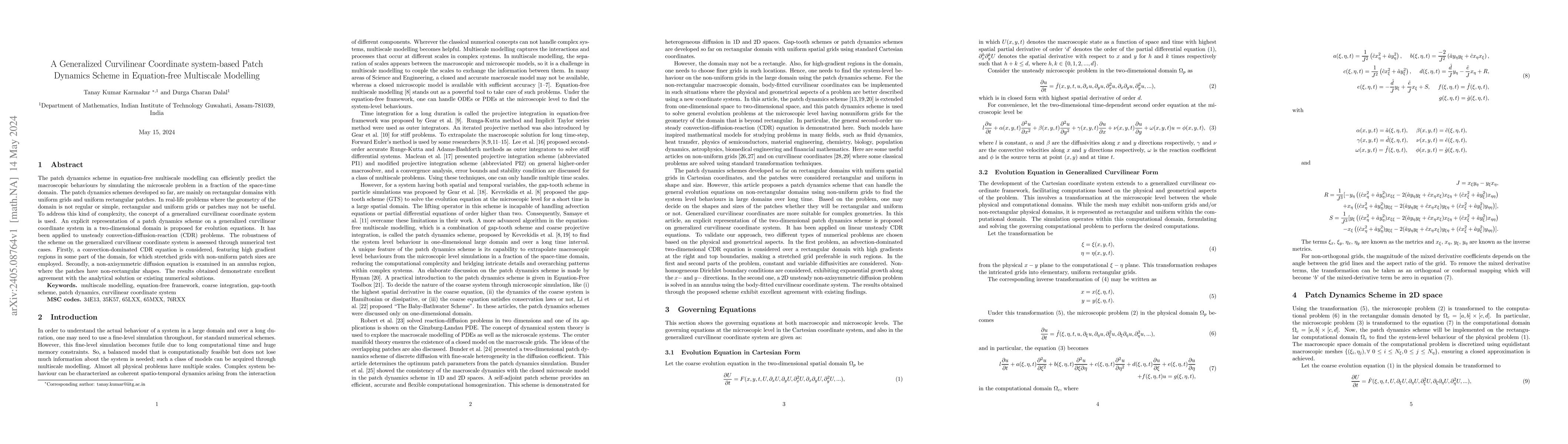 Thumbnail for A Generalized Curvilinear Coordinate system-based Patch Dynamics Scheme
  in Equation-free Multiscale Modelling