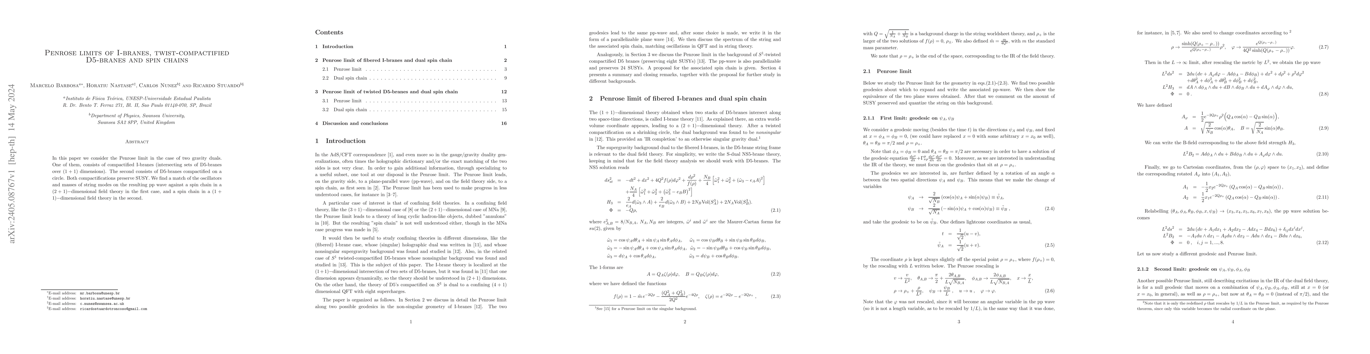 Thumbnail for Penrose limits of I-branes, twist-compactified D5-branes and spin chains