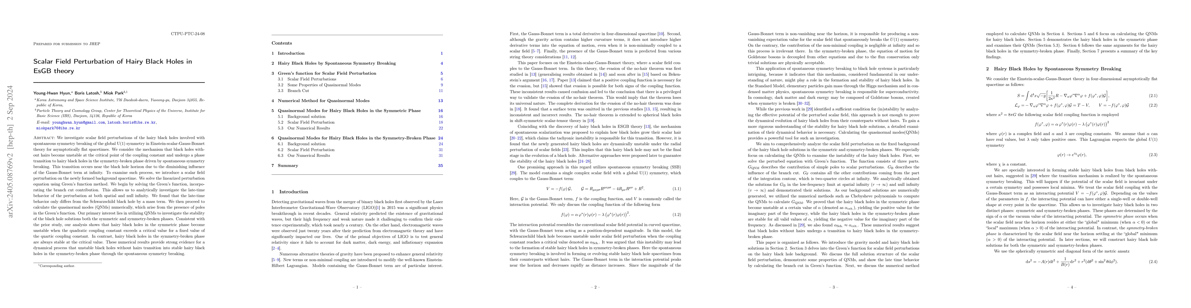 Thumbnail for Scalar Field Perturbation of Hairy Black Holes in EsGB theory