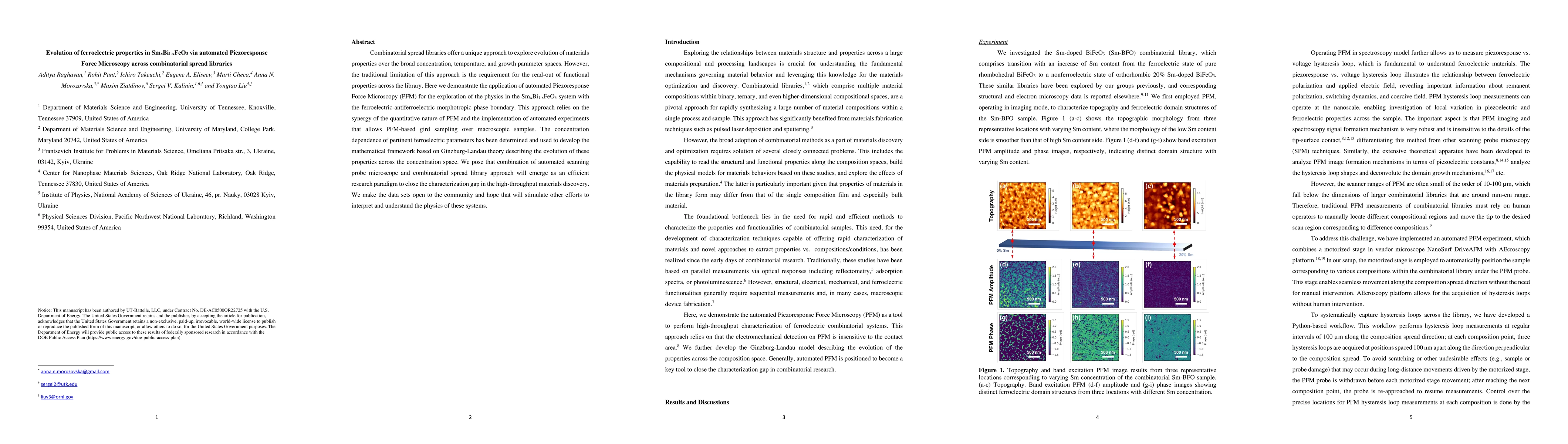 Thumbnail for Evolution of ferroelectric properties in SmxBi1-xFeO3 via automated
  Piezoresponse Force Microscopy across combinatorial spread libraries