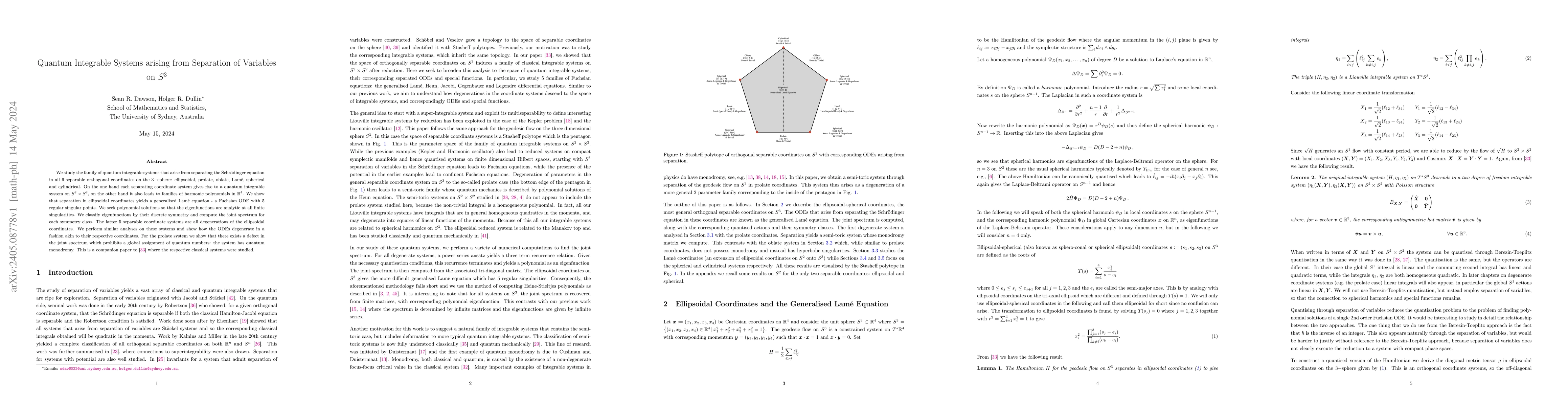 Thumbnail for Quantum Integrable Systems arising from Separation of Variables on S3