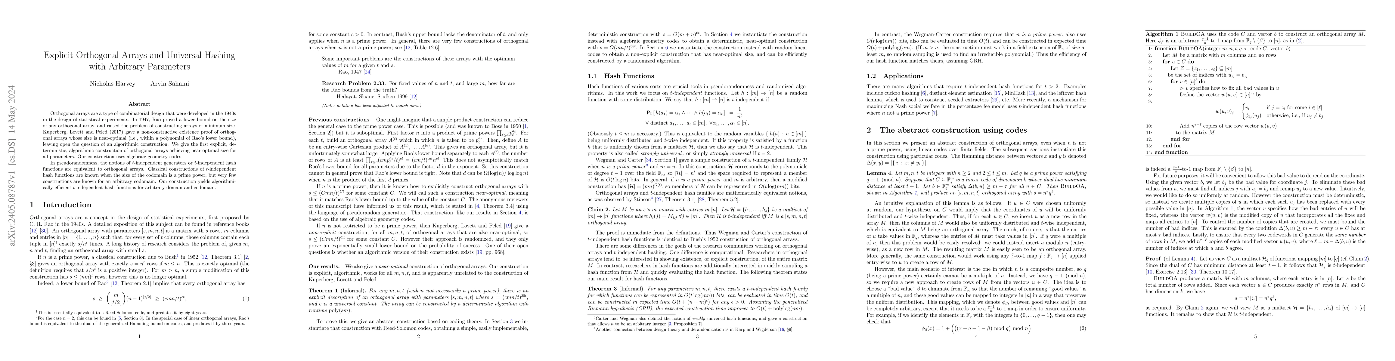 Thumbnail for Explicit Orthogonal Arrays and Universal Hashing with Arbitrary
  Parameters