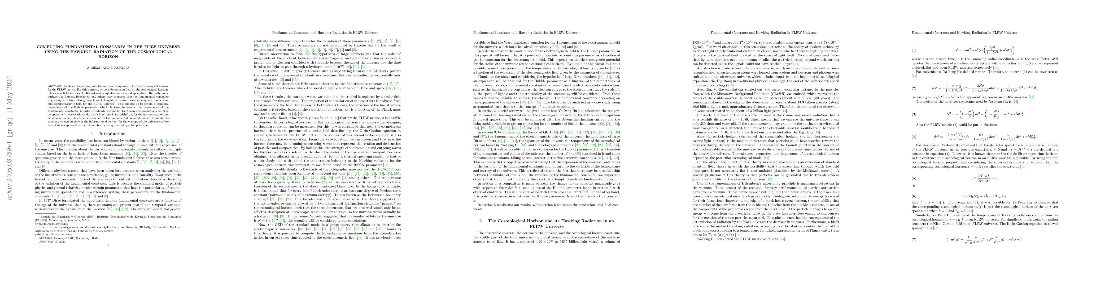 Thumbnail for Computing Fundamental Constants in the FLRW Universe using the Hawking
  Radiation of the Cosmological Horizon