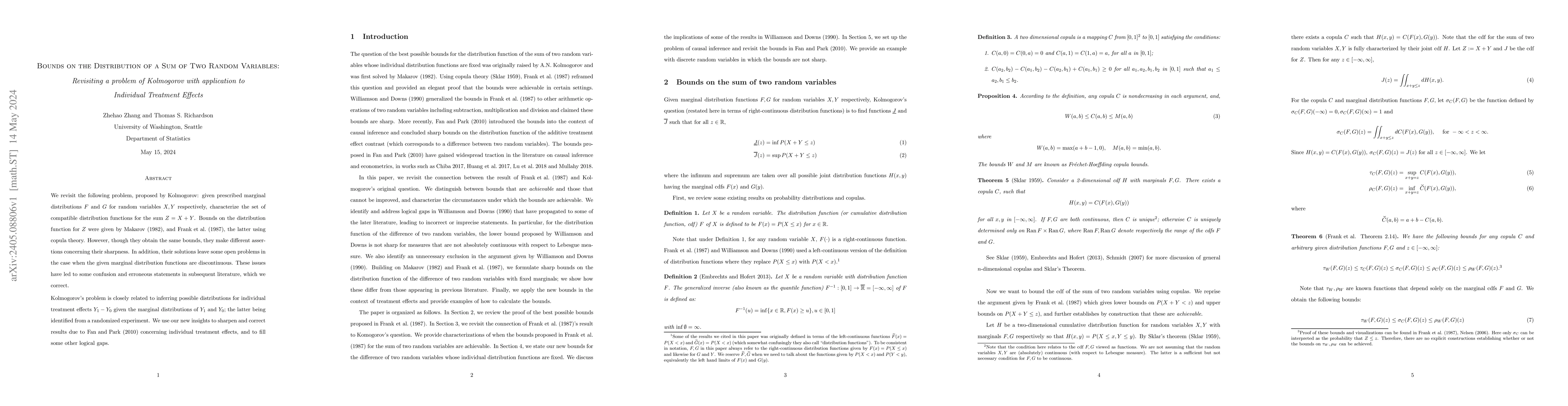Thumbnail for Bounds on the Distribution of a Sum of Two Random Variables: Revisiting
  a problem of Kolmogorov with application to Individual Treatment Effects