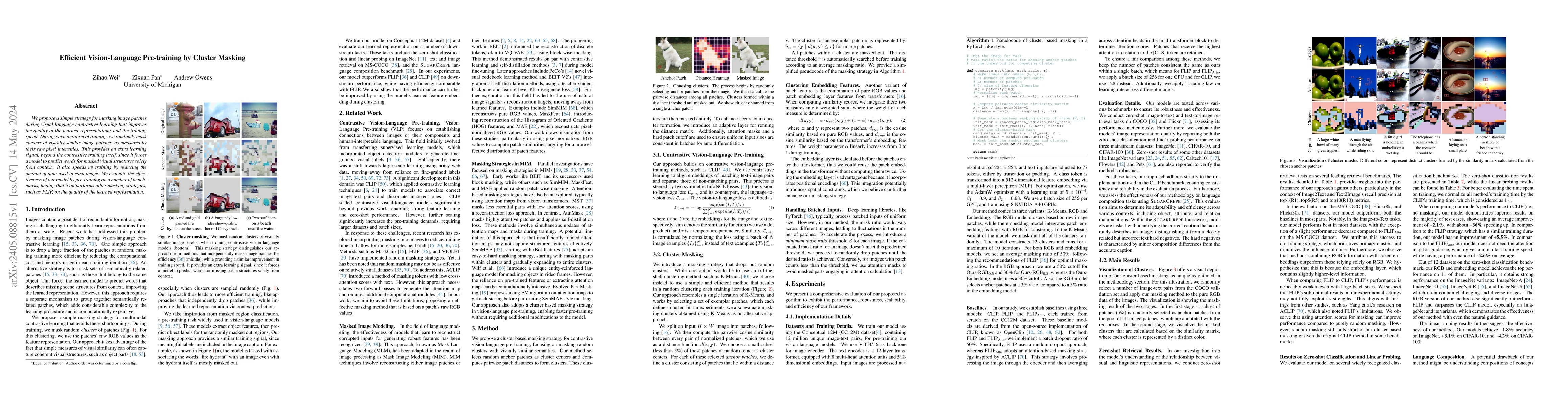 Thumbnail for Efficient Vision-Language Pre-training by Cluster Masking