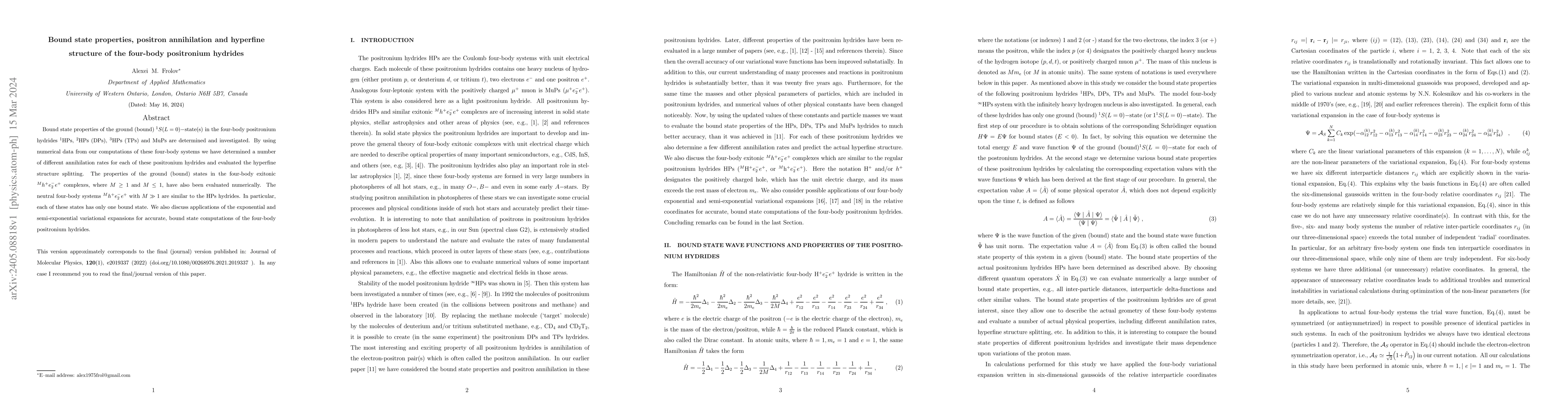 Thumbnail for Bound state properties, positron annihilation and hyperfine structure of
  the four-body positronium hydrides