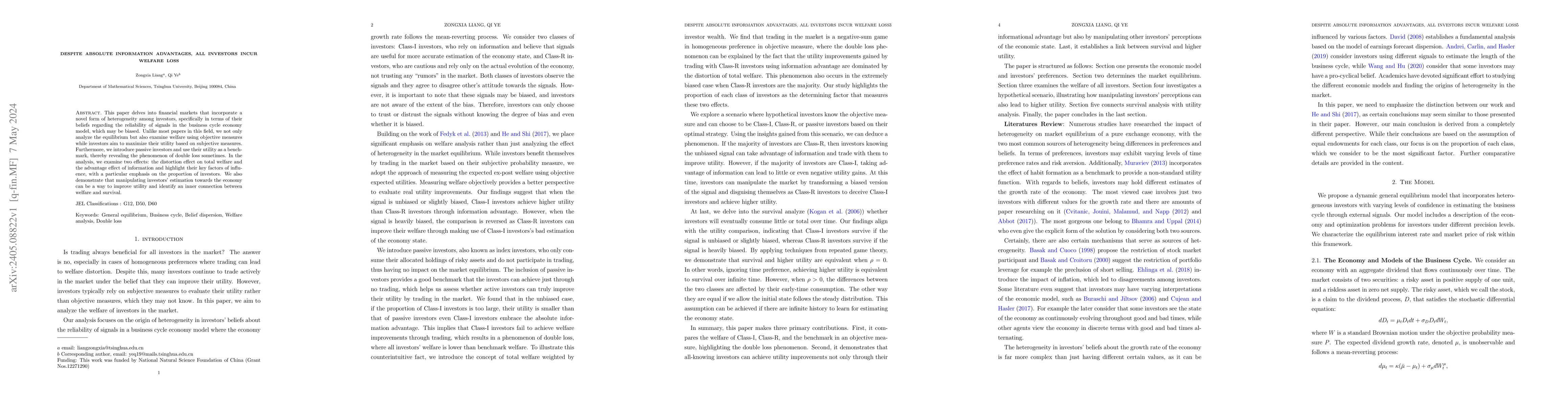 Thumbnail for Despite Absolute Information Advantages, All Investors Incur Welfare
  Loss