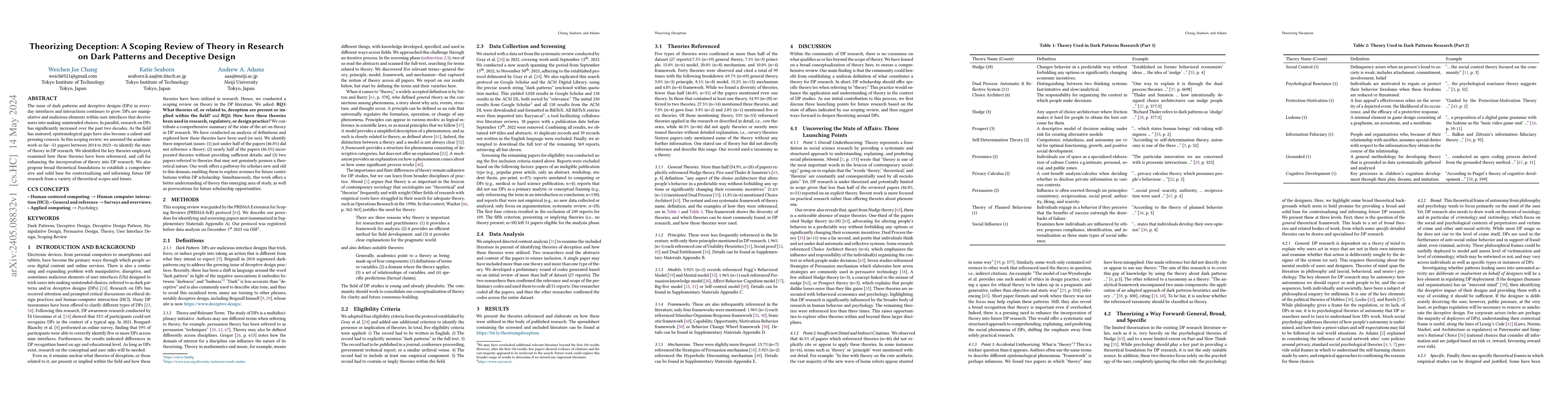 Thumbnail for Theorizing Deception: A Scoping Review of Theory in Research on Dark
  Patterns and Deceptive Design