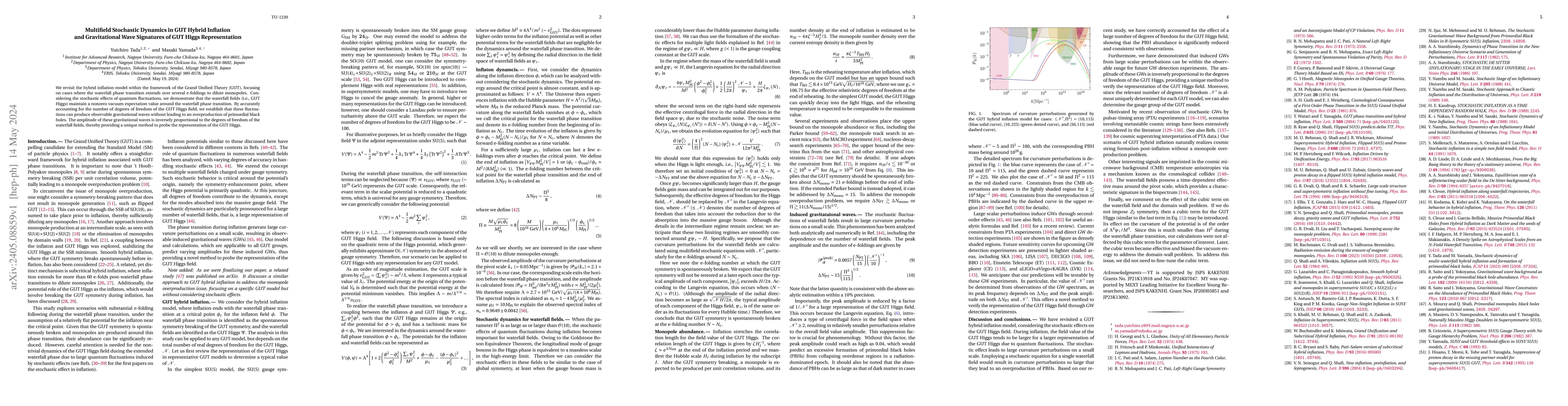 Thumbnail for Multifield Stochastic Dynamics in GUT Hybrid Inflation and Gravitational
  Wave Signatures of GUT Higgs Representation