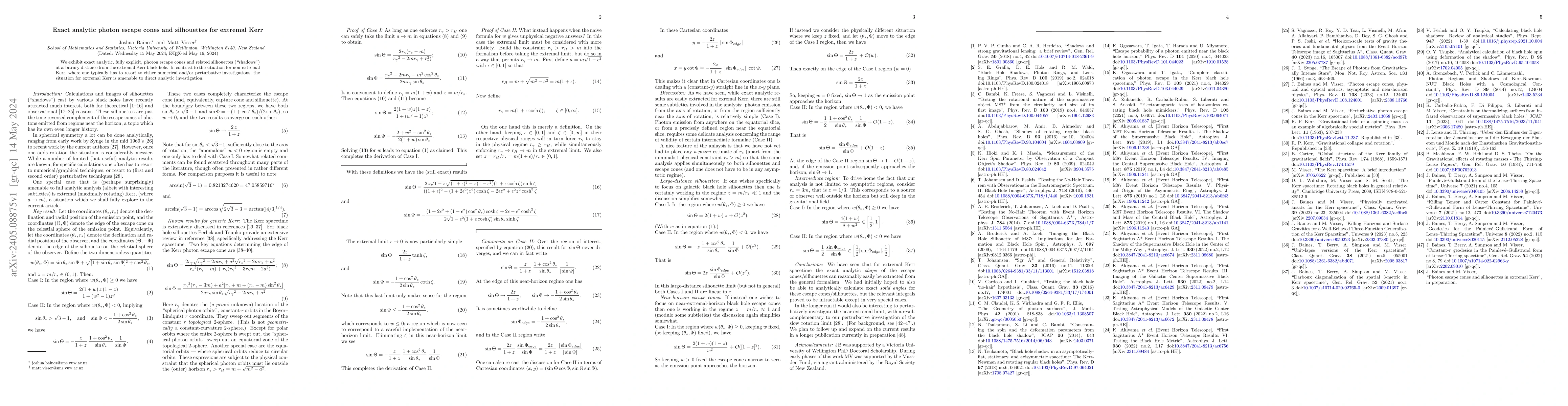 Thumbnail for Exact analytic photon escape cones and silhouettes for extremal Kerr