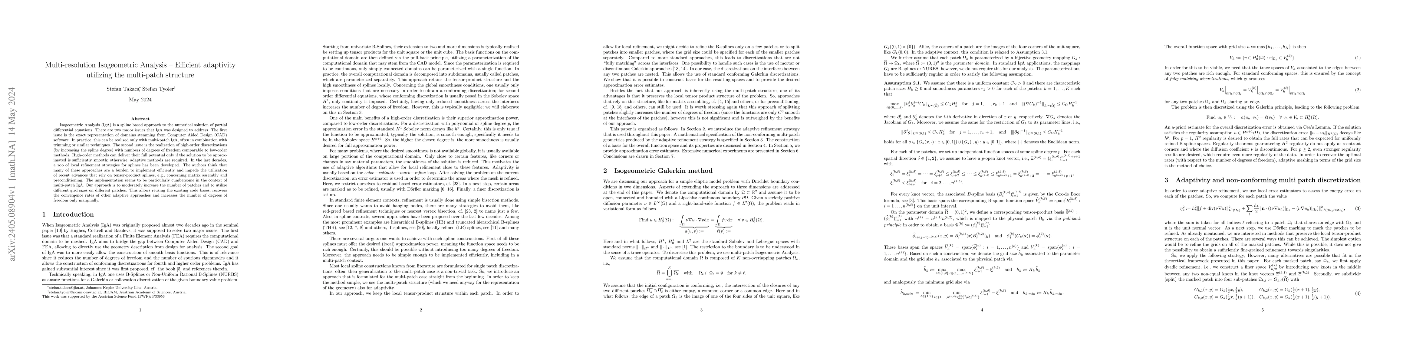 Thumbnail for Multi-resolution Isogeometric Analysis -- Efficient adaptivity utilizing
  the multi-patch structure