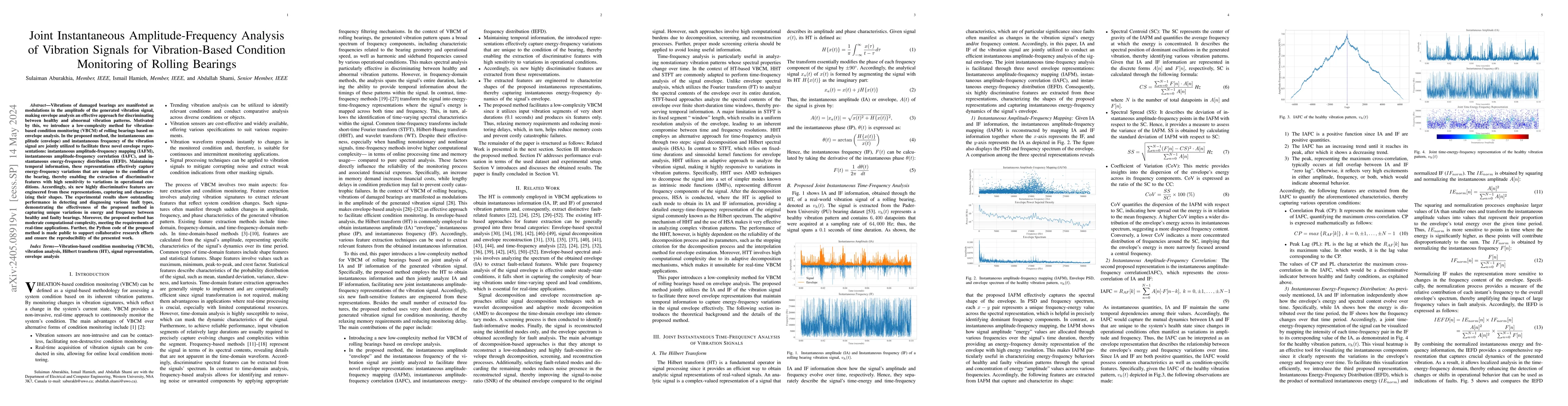 Thumbnail for Joint Instantaneous Amplitude-Frequency Analysis of Vibration Signals
  for Vibration-Based Condition Monitoring of Rolling Bearings