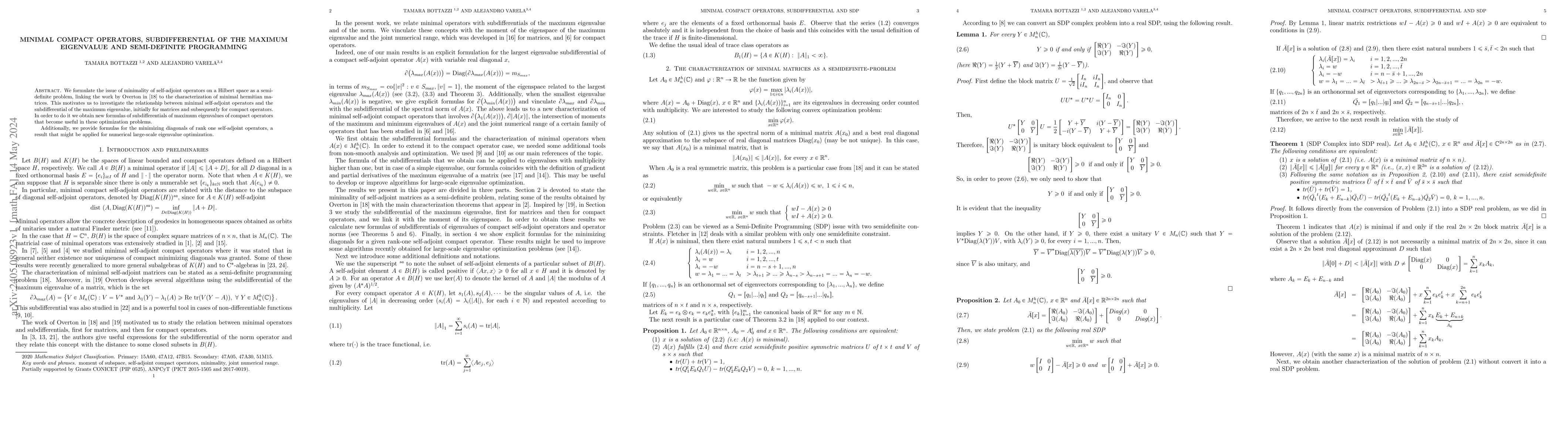 Thumbnail for Minimal compact operators, subdifferential of the maximum eigenvalue and
  semi-definite programming