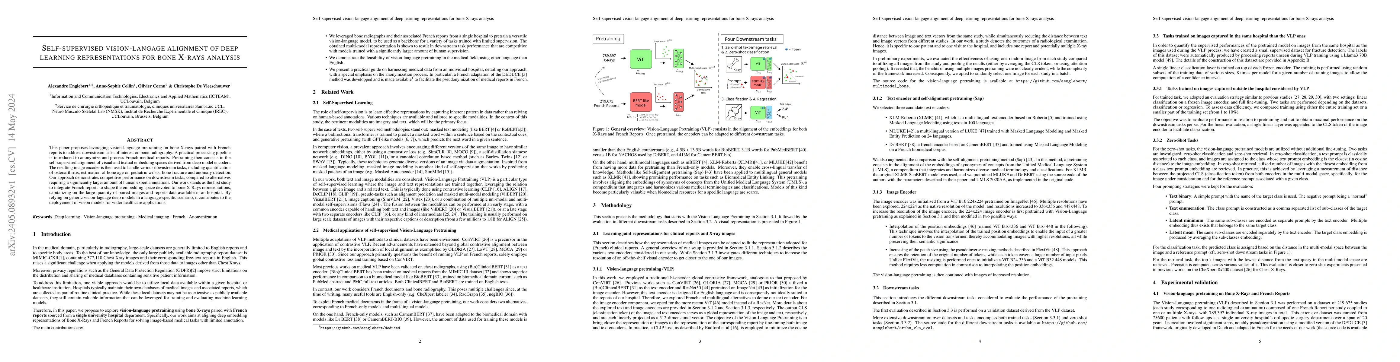 Thumbnail for Self-supervised vision-langage alignment of deep learning
  representations for bone X-rays analysis