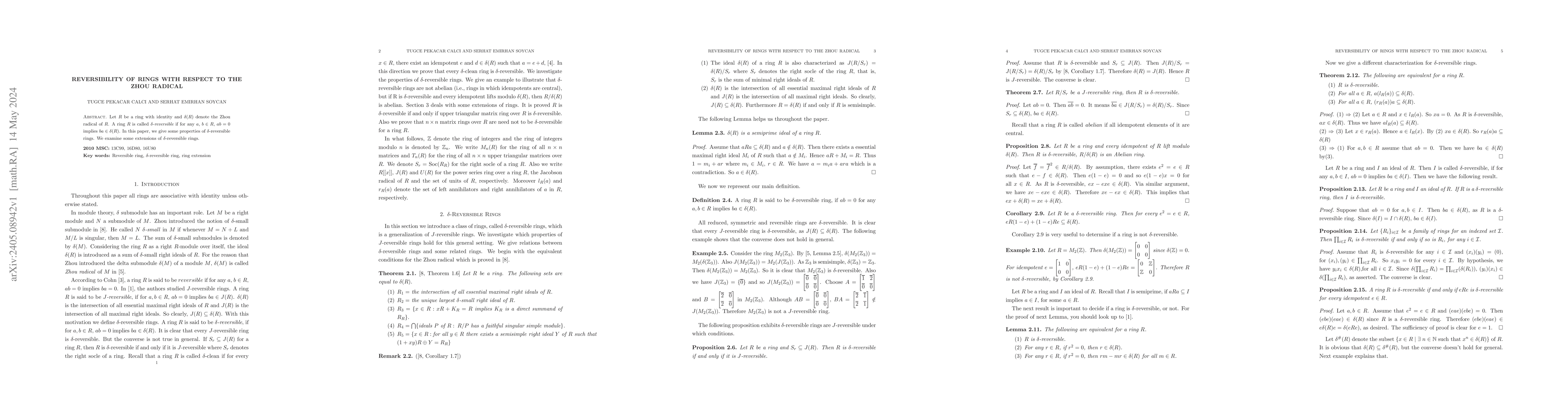 Thumbnail for Reversibility of rings with respect to the Zhou Radical