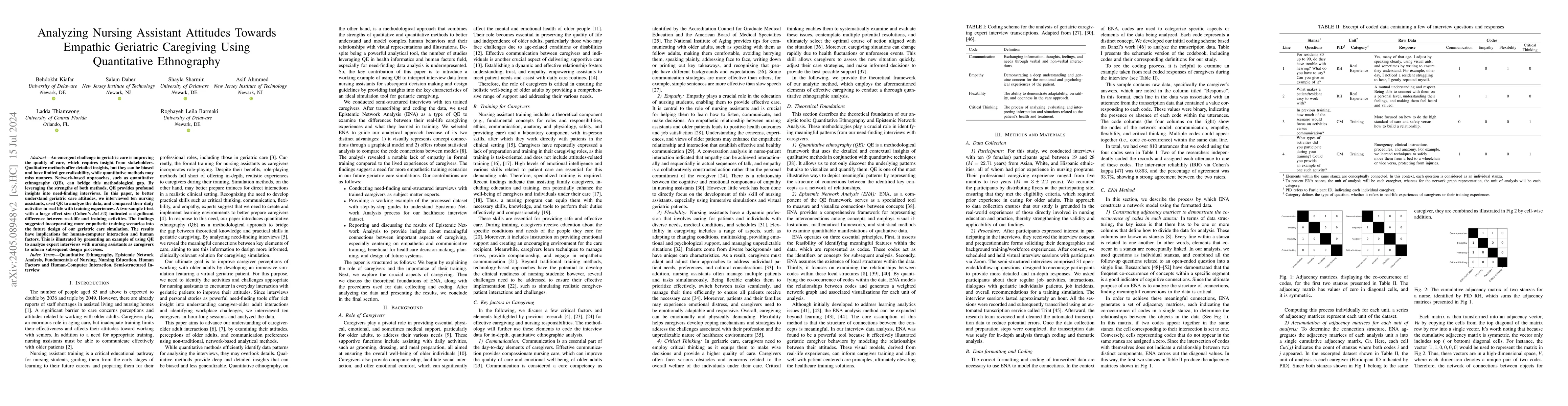 Thumbnail for Analyzing Nursing Assistant Attitudes Towards Empathic Geriatric
  Caregiving Using Quantitative Ethnography