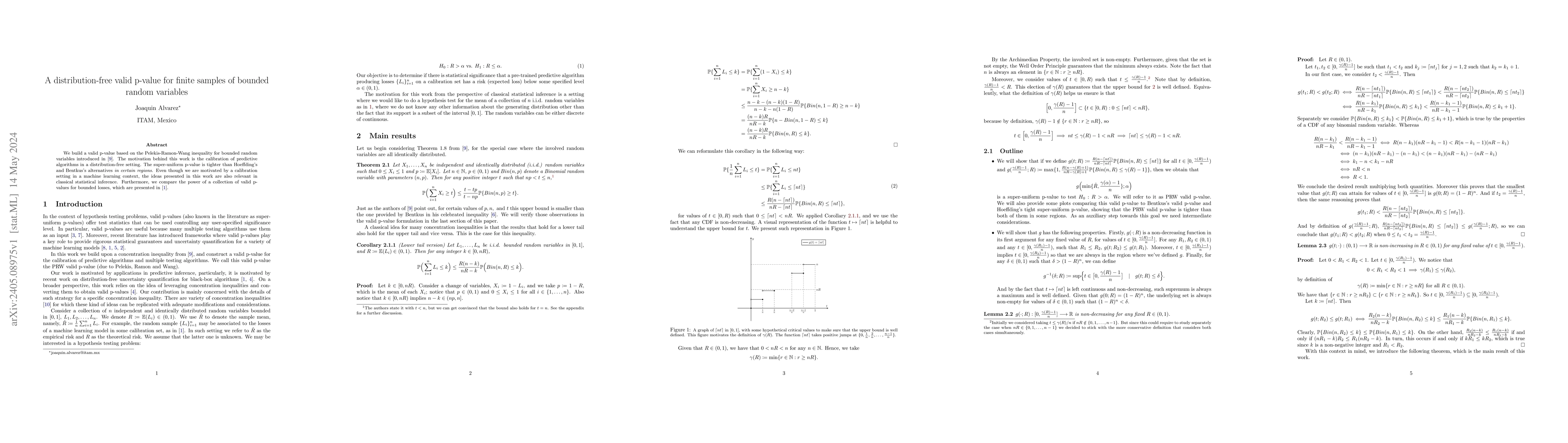 Thumbnail for A distribution-free valid p-value for finite samples of bounded random
  variables