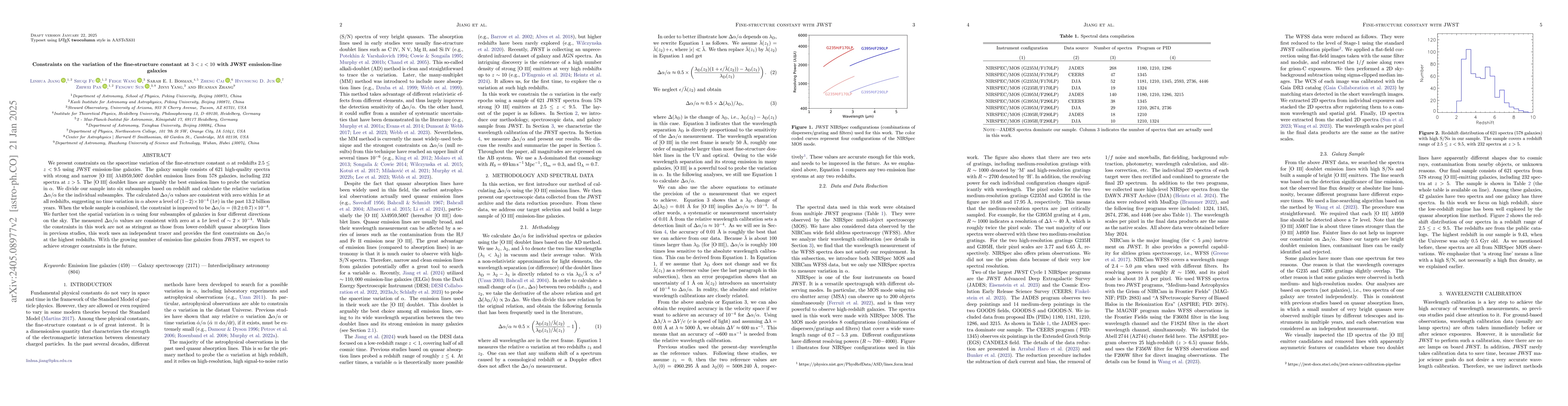 Thumbnail for Constraints on the variation of the fine-structure constant at 3<z<10
  with JWST emission-line galaxies