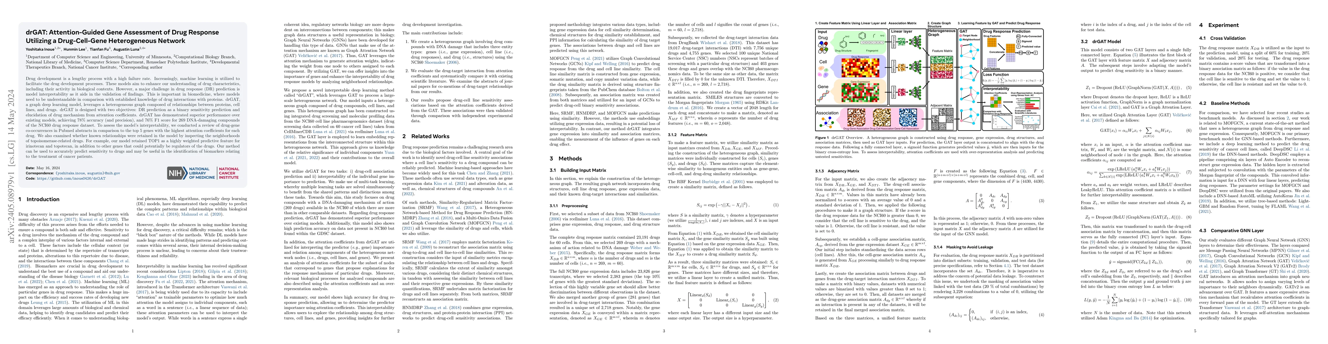 Thumbnail for drGAT: Attention-Guided Gene Assessment of Drug Response Utilizing a
  Drug-Cell-Gene Heterogeneous Network