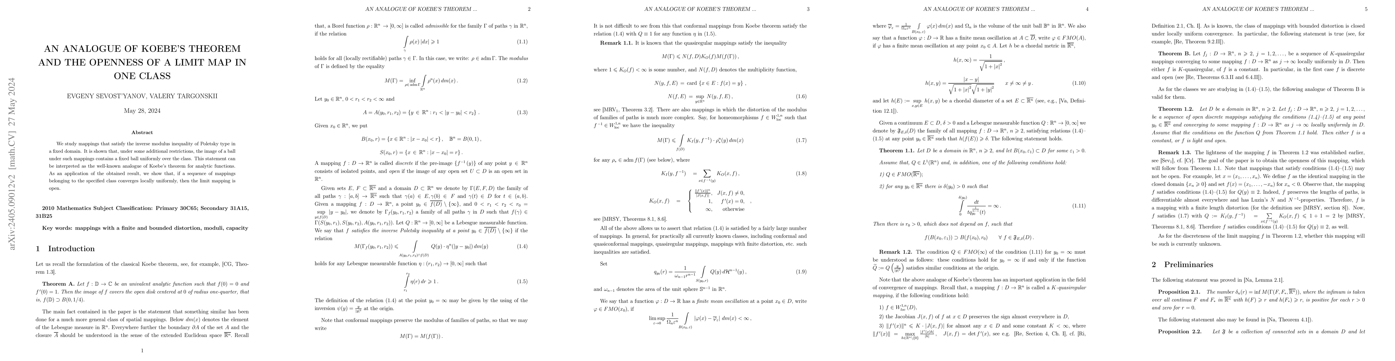 Thumbnail for An analogue of Koebe's theorem and the openness of a limit map in one
  class