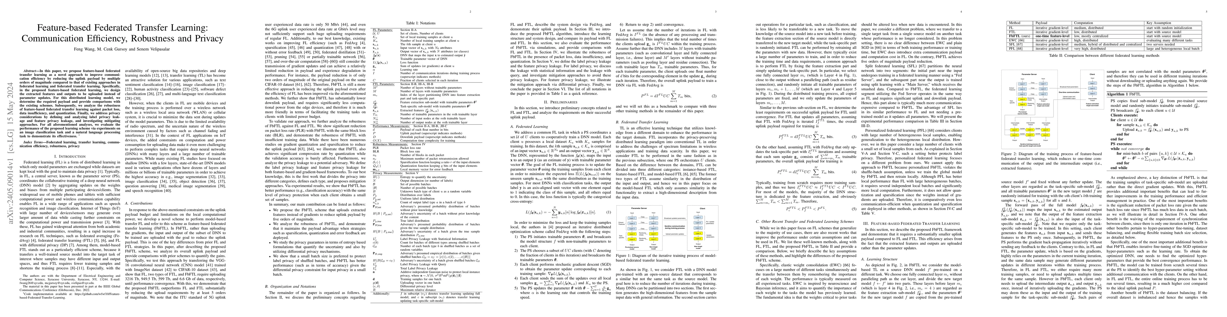 Thumbnail for Feature-based Federated Transfer Learning: Communication Efficiency,
  Robustness and Privacy