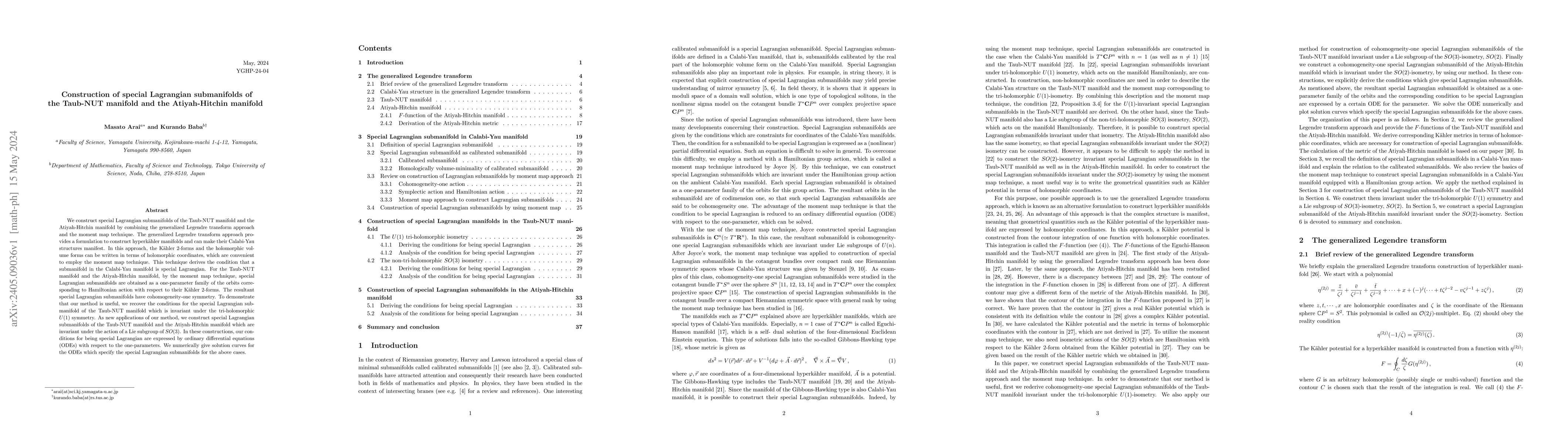 Thumbnail for Construction of special Lagrangian submanifolds of the Taub-NUT manifold
  and the Atiyah-Hitchin manifold