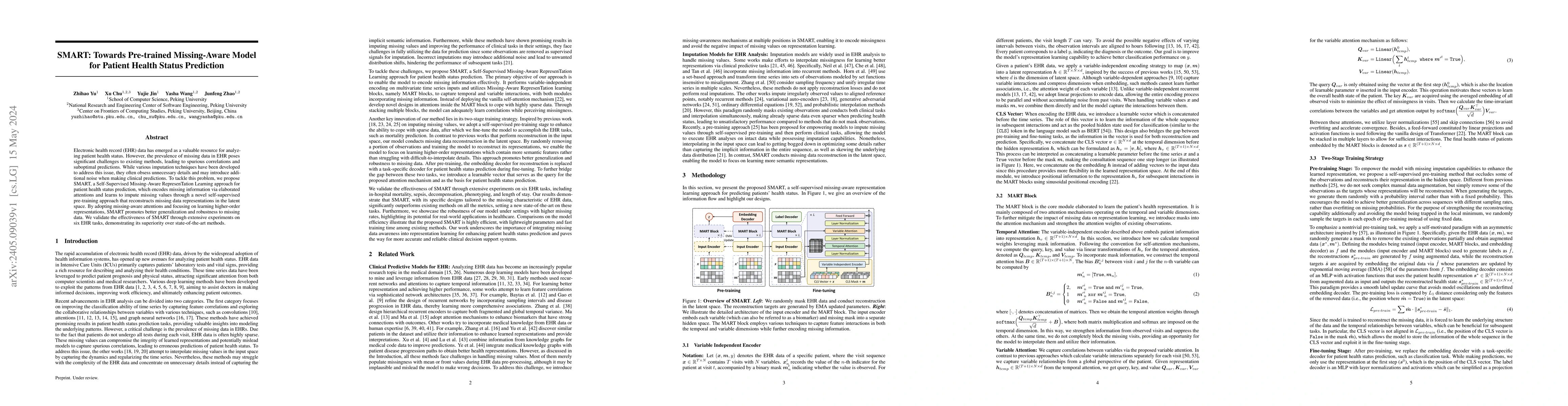 Thumbnail for SMART: Towards Pre-trained Missing-Aware Model for Patient Health Status
  Prediction