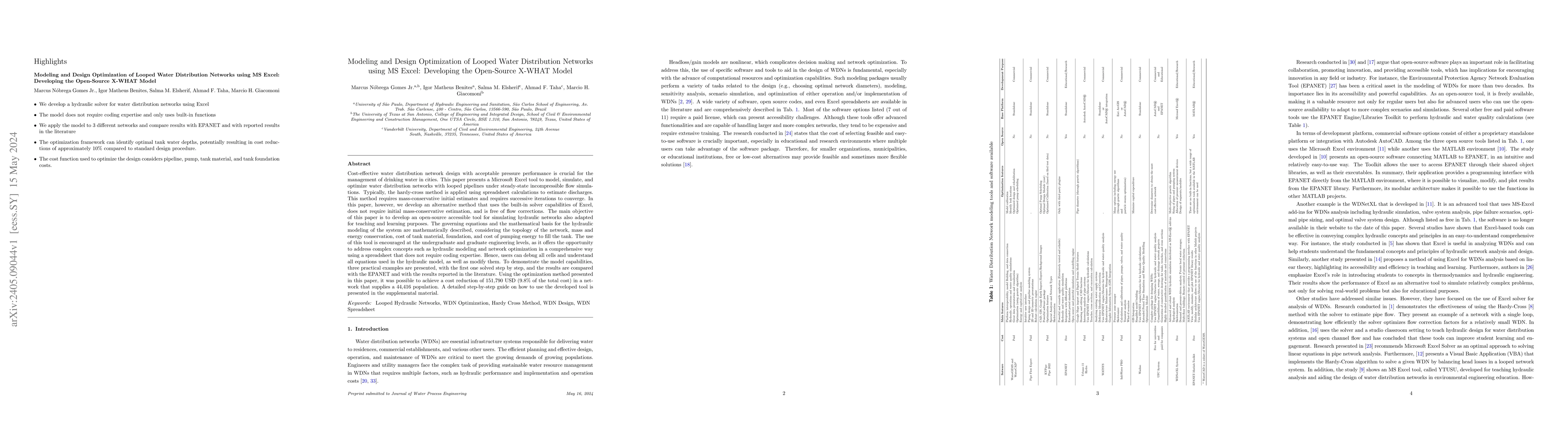 Thumbnail for Modeling and Design Optimization of Looped Water Distribution Networks
  using MS Excel: Developing the Open-Source X-WHAT Model