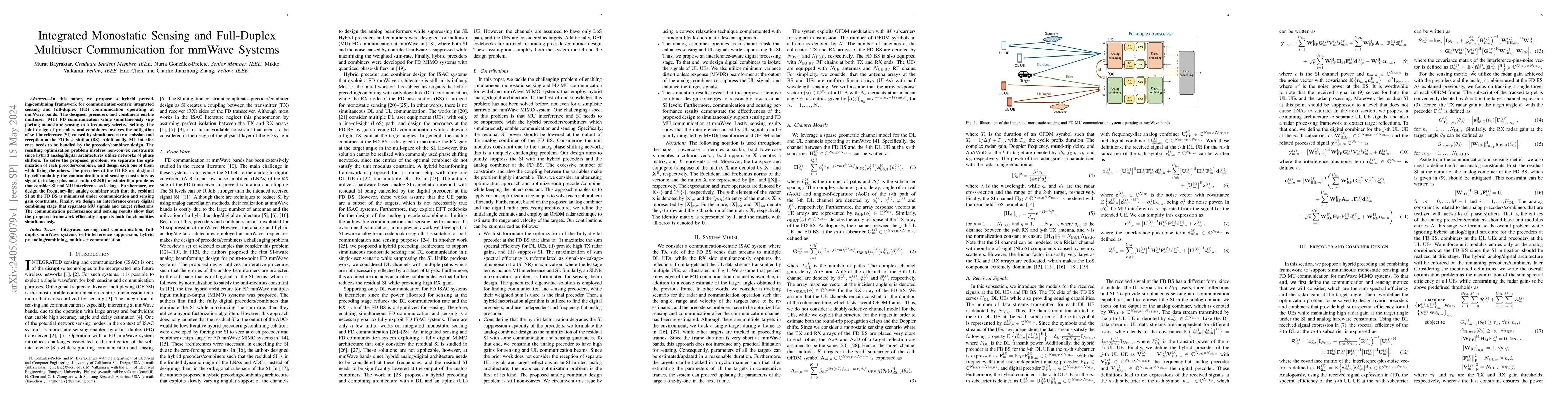 Thumbnail for Integrated Monostatic Sensing and Full-Duplex Multiuser Communication
  for mmWave Systems